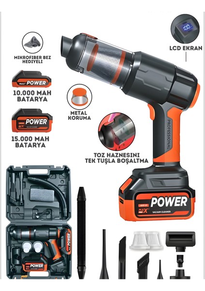 20000PA Güçlü Emişli Çift Bataryalı Dijital Göstergeli Kablosuz Vakumlu Üflemeli Araç Süpürgesi