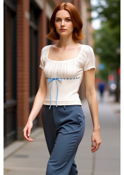 Kadınlar Için Kare Yaka Kısa Kollu Triko Bluz Ajurlu Detay ve Vücuda Oturan Crop Kesim Kaliteli fırsatları