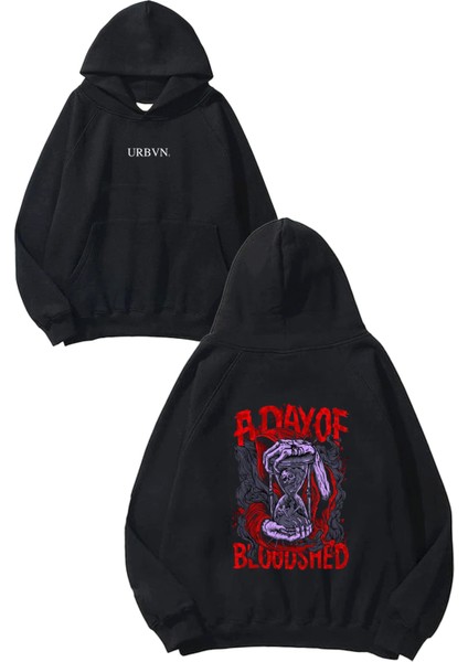 Bloodshed Tasarım Baskılı Oversize Siyah Kapüşonlu Sweatshirt