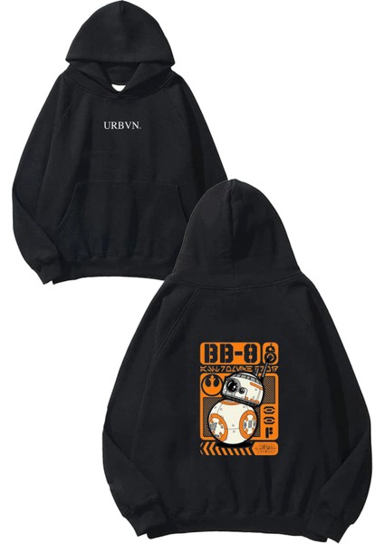 Bb 8 Tasarım Baskılı Oversize Siyah Kapüşonlu Sweatshirt