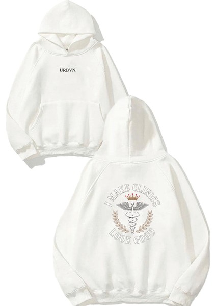 Clinics Tasarım Baskılı Oversize Beyaz Kapüşonlu Sweatshirt