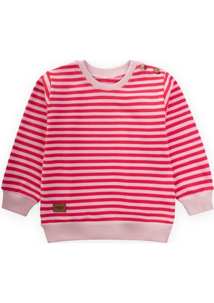 Çizgili Triko Sweatshirt 0-4 Yaş Pudra Mercan