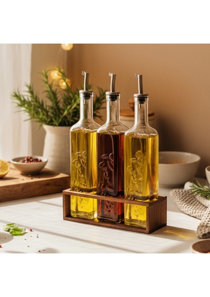 Olea - 3'lü Ahşap Uzun Katlı Standlı Cam Zeytinyağı Şişesi Yağdanlık Damlatmaz Yağlık Sirkelik 500ML