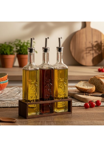Olea - 3'lü Ahşap Uzun Katlı Standlı Cam Zeytinyağı Şişesi Yağdanlık Damlatmaz Yağlık Sirkelik 500ML fiyatları