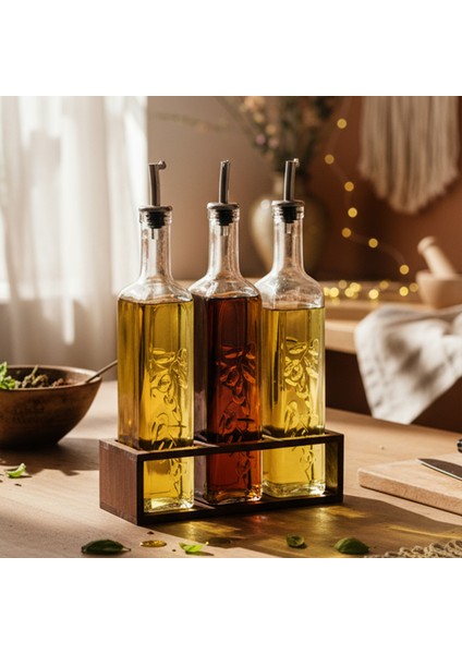 Olea - 3'lü Ahşap Uzun Katlı Standlı Cam Zeytinyağı Şişesi Yağdanlık Damlatmaz Yağlık Sirkelik 500ML modelleri