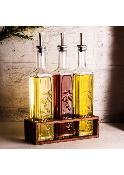Olea - 3'lü Ahşap Uzun Katlı Standlı Cam Zeytinyağı Şişesi Yağdanlık Damlatmaz Yağlık Sirkelik 500ML fırsatları