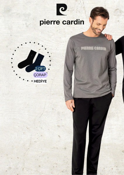Erkek Giyim %100 Pamuk Uzun Kollu Koyu Gri Pijama Takımı (2 Adet Hediye Çorap) L1.PC.6093.001