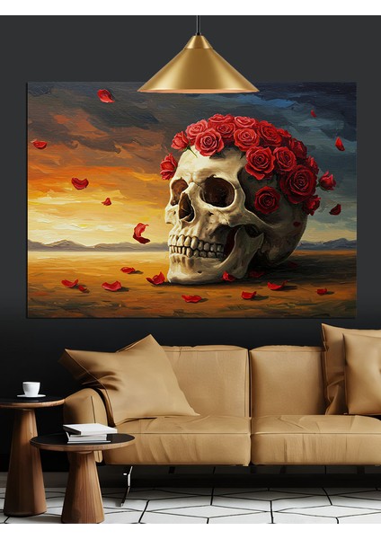 Çiçekli Kırmızı Kafatası Illüstrasyon Dekoratif Kanvas - Mdf Ahşap Tablo fiyatları