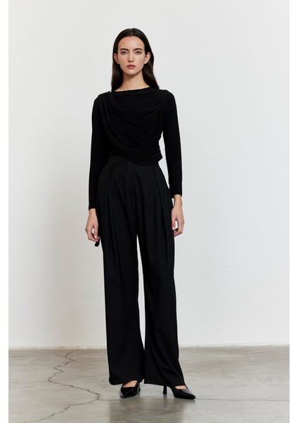Yandan Bağlamalı Palazzo Pantolon Siyah