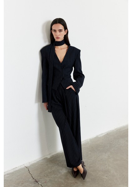 Çizgili Yüksek Bel Palazzo Pantolon Lacivert