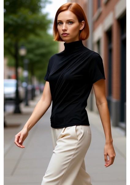 Fitted Dik Yaka Kısa Kollu Esnek Örme Bluz Yazlık Günlük Seçkin Malzeme Uzun Ömürlü