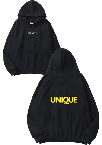 Unique Tasarım Baskılı Oversize Siyah Kapüşonlu Sweatshirt