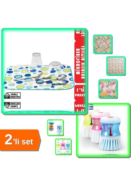 Mikrofiber Bulaşık Altlığı + Deterjan Hazneli Bulaşık Fırçası - 2li Set XYZ789