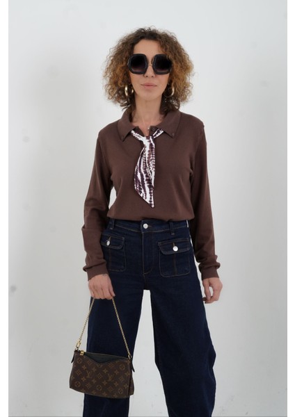 Kahve Polo Yaka Fularlı Uzun Kol Kazak fiyatları