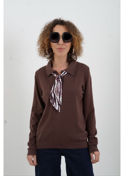 Kahve Polo Yaka Fularlı Uzun Kol Kazak modelleri