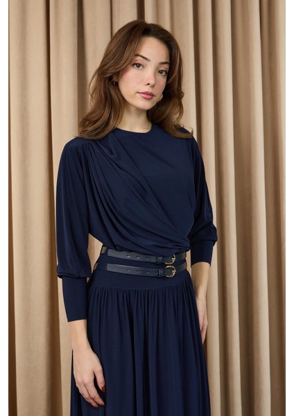 Kadın Kruvaze Yaka Kuşaklı Uzun Elbise -12659ELB