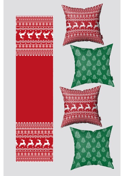 Noel Temalı Yeşil Kırmızı Çam Ağacı ve Ren Geyiği Yılbaşı 4 Kırlent Kılıfı 1 Runner Seti