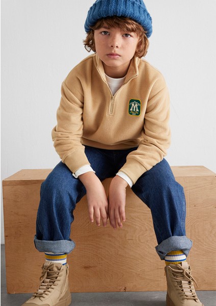 Yarı Fermuarlı Mavi Logo Kahverengi Sweatshirt 6S10153-83859