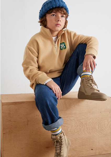 Yarı Fermuarlı Mavi Logo Kahverengi Sweatshirt 6S10153-83859 fiyatları