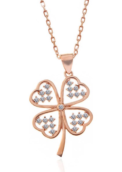 Gümüş Rose Kalpli Dört Yapraklı Yonca Kadın Kolye