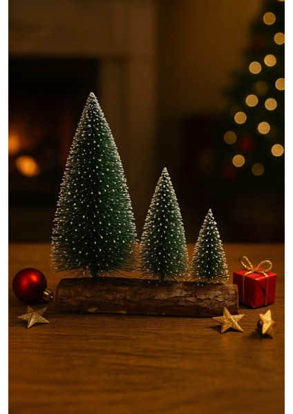 biton 3’lü mini kar efektli yılbaşı noel ağaç seti – ahşap kütük üzeri dekoratif mini çam ağaçları (16 – 11 – 10 cm)