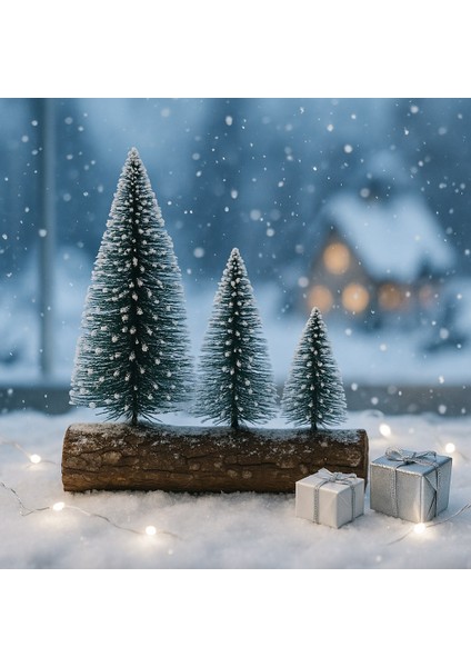 biton 3’lü mini kar efektli yılbaşı noel ağaç seti – ahşap kütük üzeri dekoratif mini çam ağaçları (16 – 11 – 10 cm) modelleri