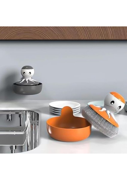 Güncelçarşı Kendinden Yapışkanlı Duvara Asma Aparatlı Ahtapot Şekilli Deterjan Hazneli Bulaşık Teli, Tencere Tava Tabak Yıkama Teli Fırçası modelleri