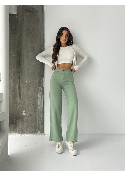 Kadın Yüksek Bel Keten Boyfriend Bol Paça