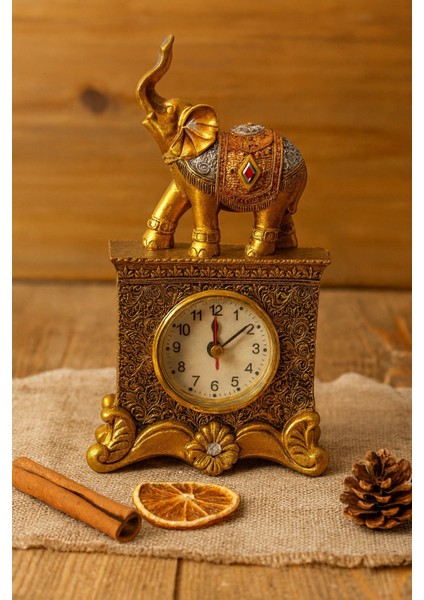 Fil Figürlü Zarif Masa Saati Bolluk Şans Simgesi Kırmızı Taş Detay Altın Renkli Fil Masa Saati 19 cm fiyatları