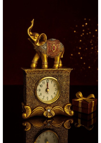 Fil Figürlü Zarif Masa Saati Bolluk Şans Simgesi Kırmızı Taş Detay Altın Renkli Fil Masa Saati 19 cm modelleri