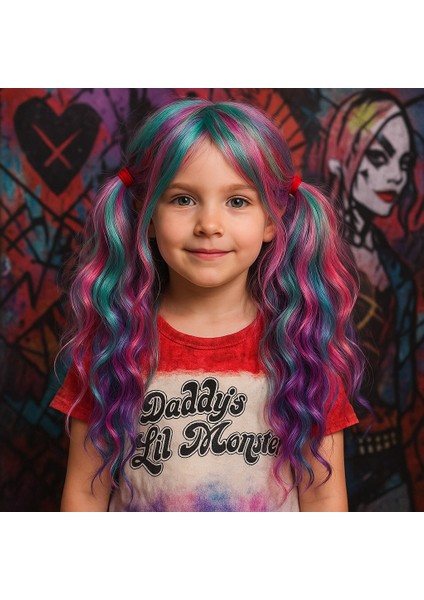 Harley Quinn Renkli Karışık Pembe Mor Mavi Uzun Dalgalı Sentetik Çocuk Peruk Kostüm Aksesuarı