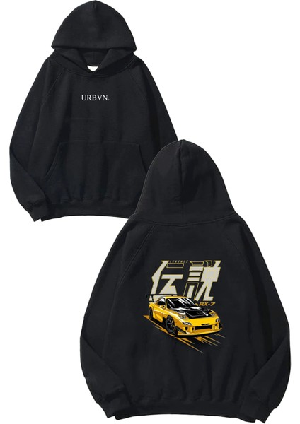 Yellow Car Tasarım Baskılı Oversize Siyah Kapüşonlu Sweatshirt