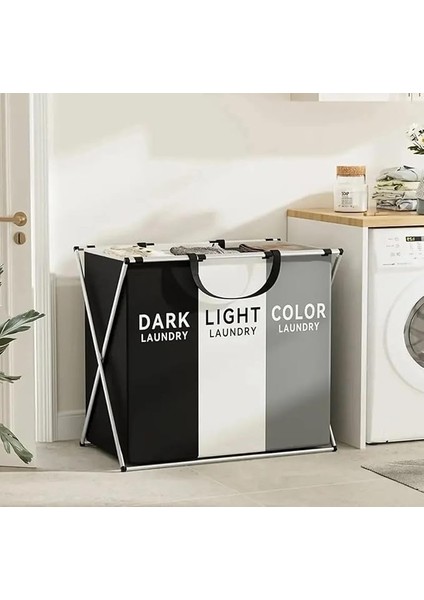 Home 3 Bölmeli Katlanabilir Çamaşır Sepeti – Siyah, Beyaz ve Gri Renklerde, Dayanıklı ve Şık Tasarım, Makinede Yıkanabilir Kumaşlı, Alüminyum Gövdeli, 64X42X58 cm Boyutlarında