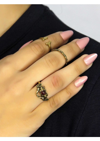 Doğal Taşlı 3'lü Garnet (Lal) Doğal Taşlı Antik Modelli Kadın Ayarlanabilir Yüzük Seti EUY86 fiyatları