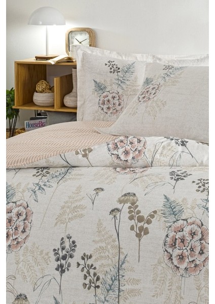 Phlox Krem Çift Kişilik %100 Pamuk Lastik Çarşaflı Nevresim Takımı