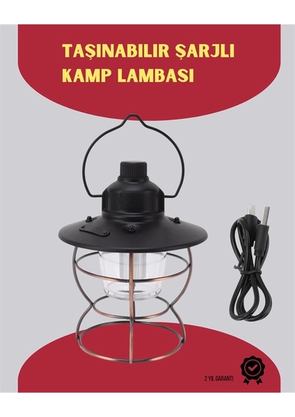 USB Şarjlı Retro LED Kamp Feneri – 4 Işık Modu, Su Geçirmez, Taşınabilir