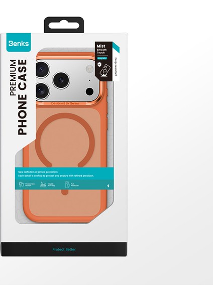iPhone 17 Pro Max Uyumlu Kılıf M-Safe Şarj Özellikli Benks Mist C-Magnet Kapak Turuncu modelleri
