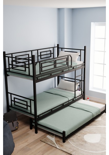 Defne Yavrulu Genç Çocuk Yatak Odası Metal Ranza ve Karyola Siyah