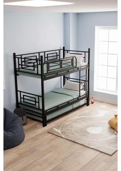 Defne Yavrulu Genç Çocuk Yatak Odası Metal Ranza ve Karyola Siyah modelleri