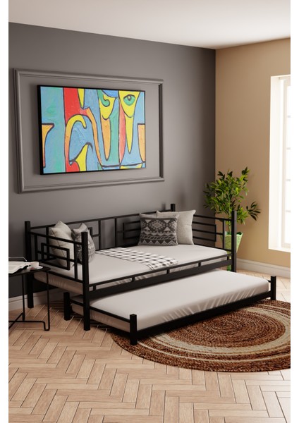 Defne Yavrulu Genç Çocuk Yatak Odası Metal Ranza ve Karyola Siyah