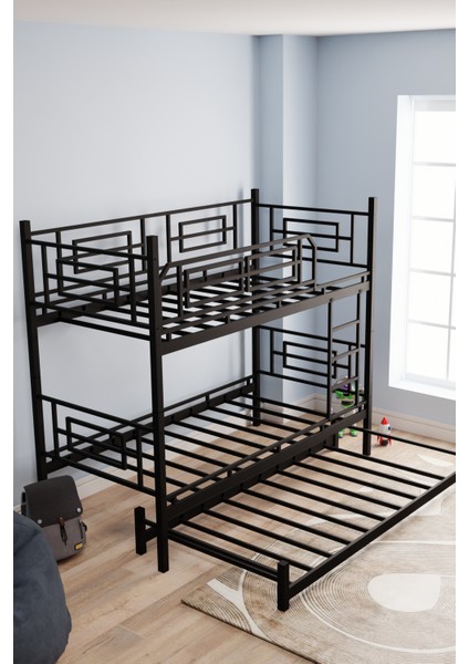 Defne Yavrulu Genç Çocuk Yatak Odası Metal Ranza ve Karyola Siyah