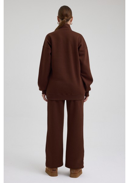 Kadın Eşofman Takımı Yarım Fermuarlı La Baskı Içi Pamuklu Kahve Eşofman Takımı Alt Üst Takım indirimleri