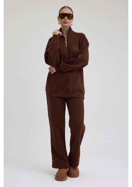 Kadın Eşofman Takımı Yarım Fermuarlı La Baskı Içi Pamuklu Kahve Eşofman Takımı Alt Üst Takım