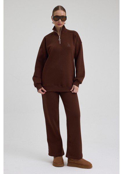 Kadın Eşofman Takımı Yarım Fermuarlı La Baskı Içi Pamuklu Kahve Eşofman Takımı Alt Üst Takım fiyatları