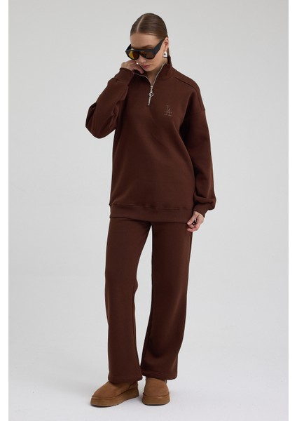 Kadın Eşofman Takımı Yarım Fermuarlı La Baskı Içi Pamuklu Kahve Eşofman Takımı Alt Üst Takım modelleri