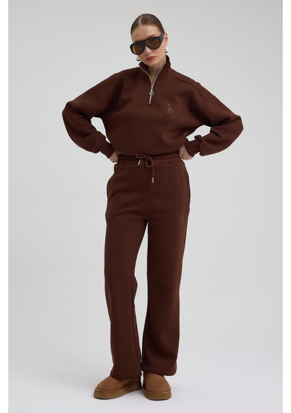 Kadın Eşofman Takımı Yarım Fermuarlı La Baskı Içi Pamuklu Kahve Eşofman Takımı Alt Üst Takım fırsatları