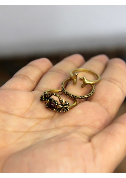 Doğal Taşlı 3'lü Garnet (Lal) Doğal Taşlı Antik Modelli Kadın Ayarlanabilir Yüzük Seti EUY86 modelleri