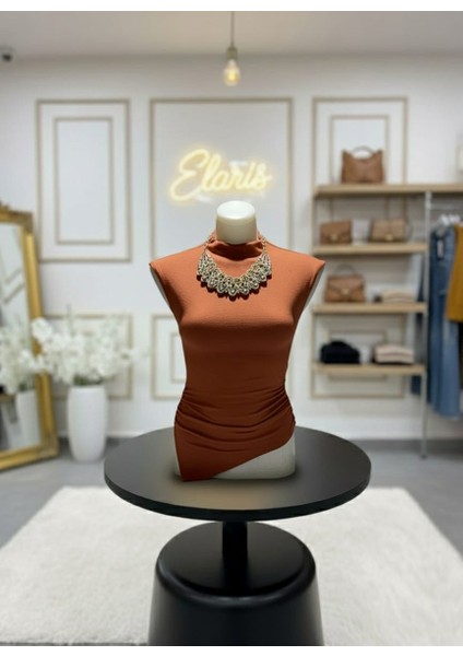 Kahverengi Kolsuz Boğazlı Asimetrik Kesim Fit Elbise