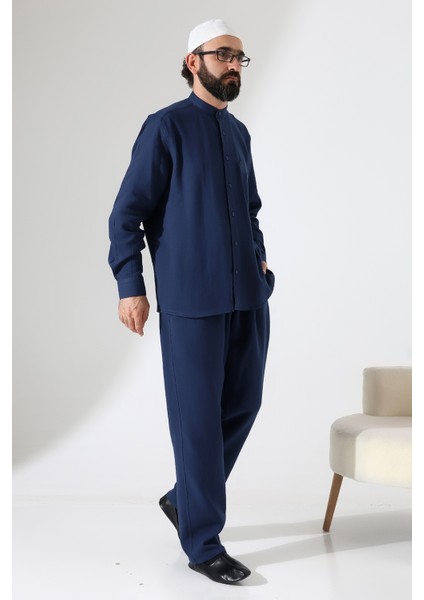 Erkek Müslin Hakim Yaka Cepli Gömlek Pantolon Ikili Takım, Hac Umre Kıyafeti - Lacivert (Ans)