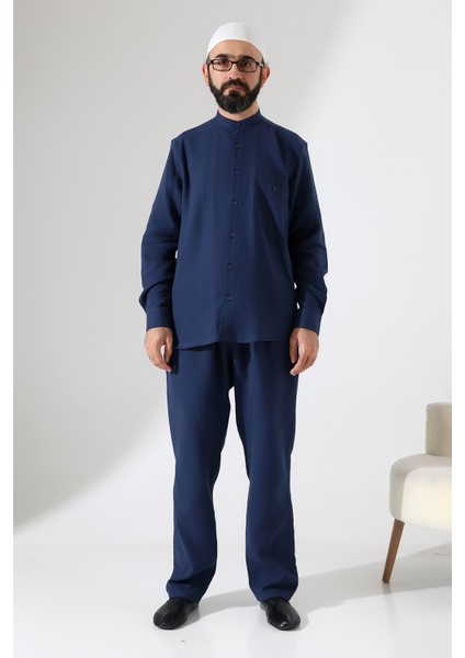 Erkek Müslin Hakim Yaka Cepli Gömlek Pantolon Ikili Takım, Hac Umre Kıyafeti - Lacivert (Ans) fırsatları